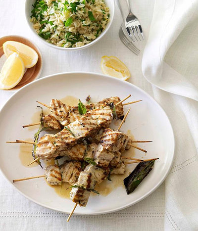 Recipe: Swordfish Souvlaki with Lemon and Herb Pilaf